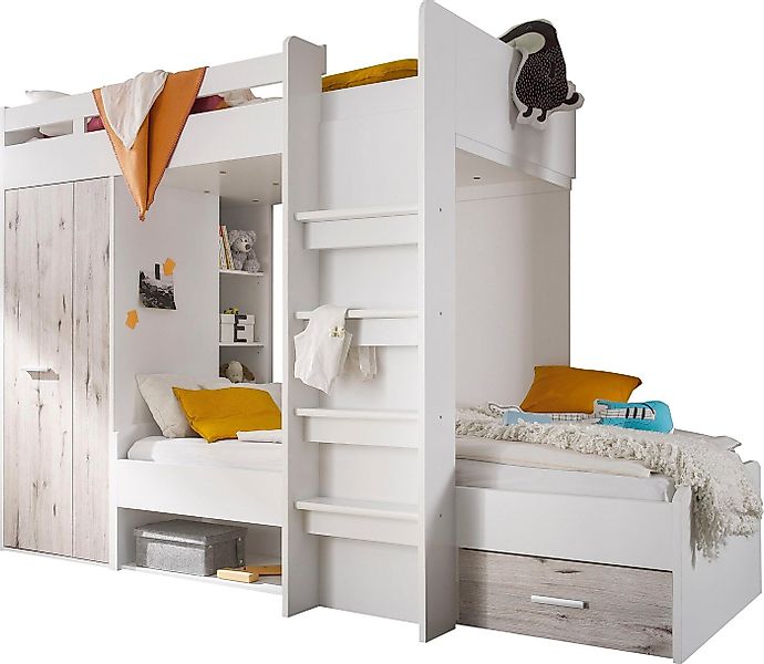 Begabino Hochbett MAXI mit 2 Liegeflächen, Kleiderschrank und Regalen günstig online kaufen
