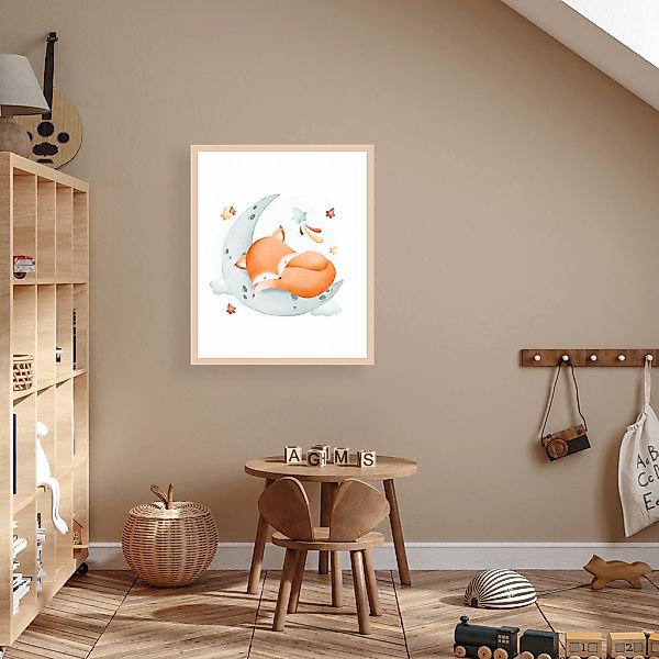 Lüttenhütt Bild mit Rahmen "oder Poster, Schlafender Fuchs auf Mond mit Ste günstig online kaufen