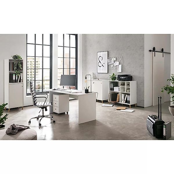 Büromöbel Set 5-teilig in weiß auf Massivholzfüßen mit offenem Aktenregal S günstig online kaufen