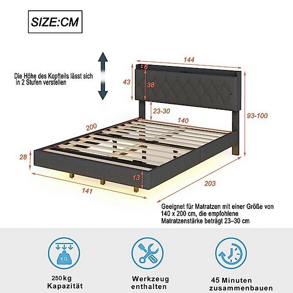HAUSS SPOLE Polsterbett 140x200 cm mit USB-Ladeanschluss und LED-Lichtleist günstig online kaufen
