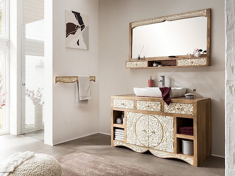 massivum Badmöbel-Set Delhi aus Massivholz, Waschtisch mit Spiegel günstig online kaufen