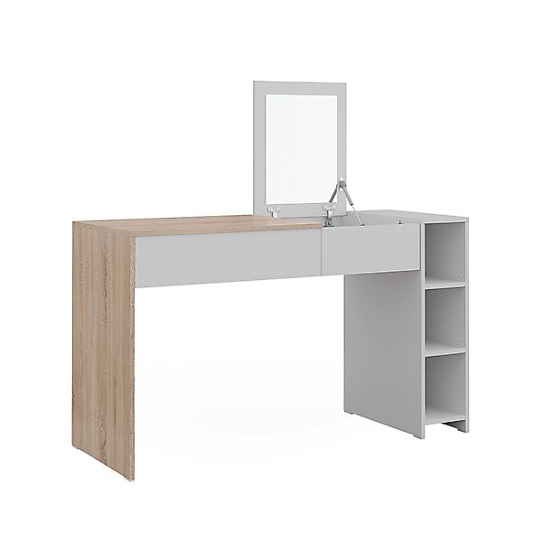 Vicco Schminktisch Kira Weiß/Sonoma/Sonoma 130 cm mit Einklappbarem Spiegel günstig online kaufen