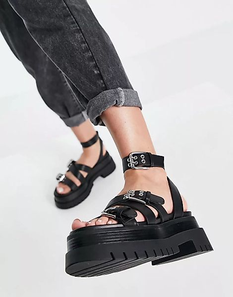 Bershka – Sandalen mit besonders dicker Profilsole in Schwarz günstig online kaufen