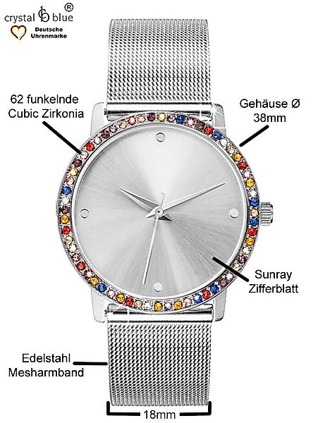 crystal blue Quarzuhr Damenuhr Mesh & Tennisarmband silber mit cubic Zirkon günstig online kaufen