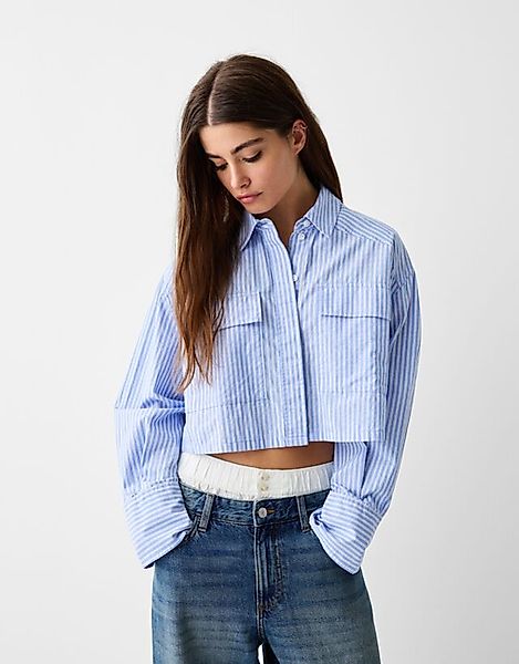 Bershka Cropped-Langarmhemd Aus Popelin Mit Tasche Damen Xs Blau günstig online kaufen