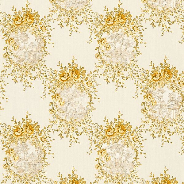 Bricoflor Vintage Tapete Gold Gelb Blumen Vliestapete mit Rosen im Landhaus günstig online kaufen