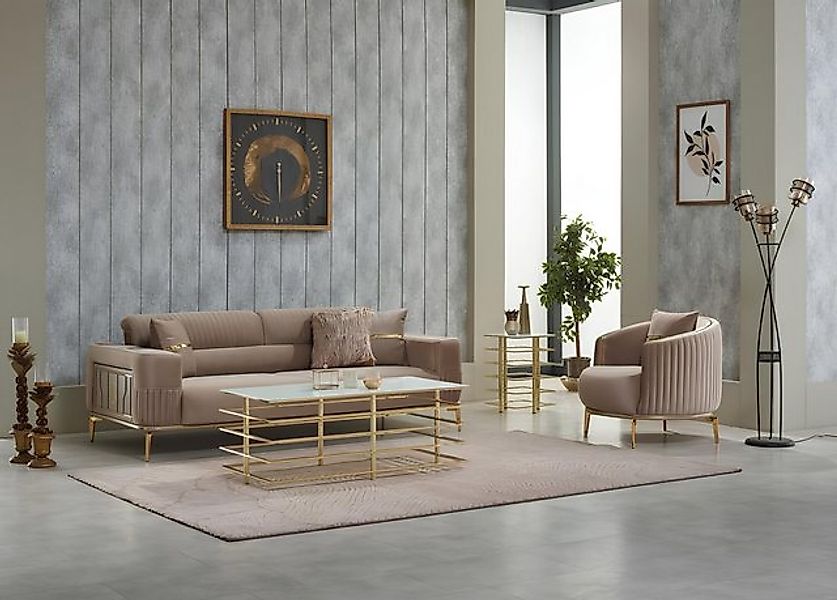 JVmoebel Sofa Sofagarnitur Polstersofa Dreisitzer Stoffsofa Sessel Beige So günstig online kaufen