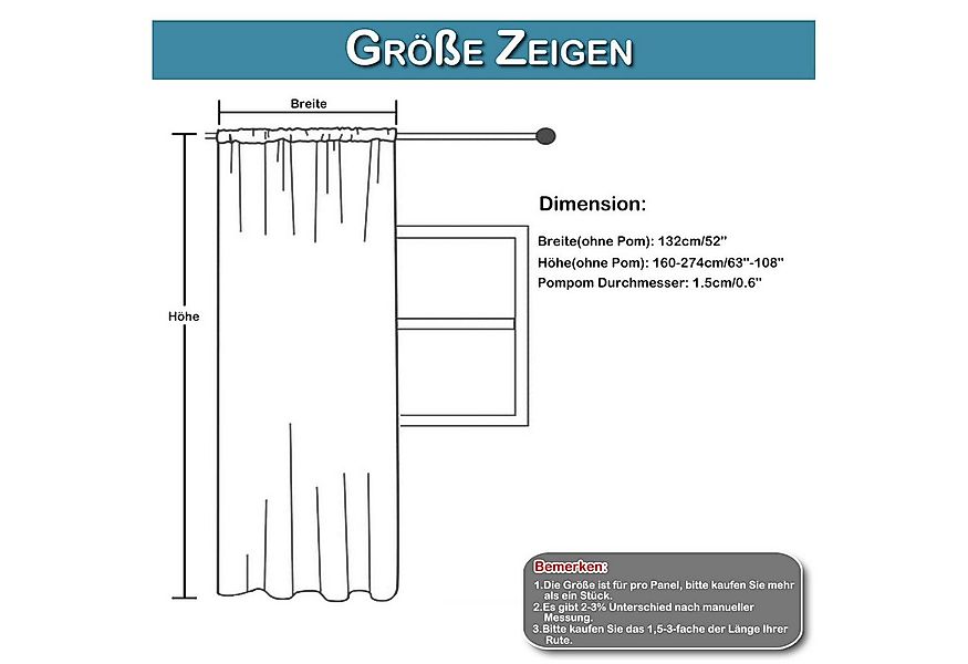 Sunicol Vorhang 1/2er Semi-Sheer Leinenvorhang, Pompon-Kugel, Weiß, Sticker günstig online kaufen