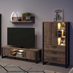 Schrankwand Wohnzimmer Industriestil in Eiche dunkel Schwarz (dreiteilig) günstig online kaufen