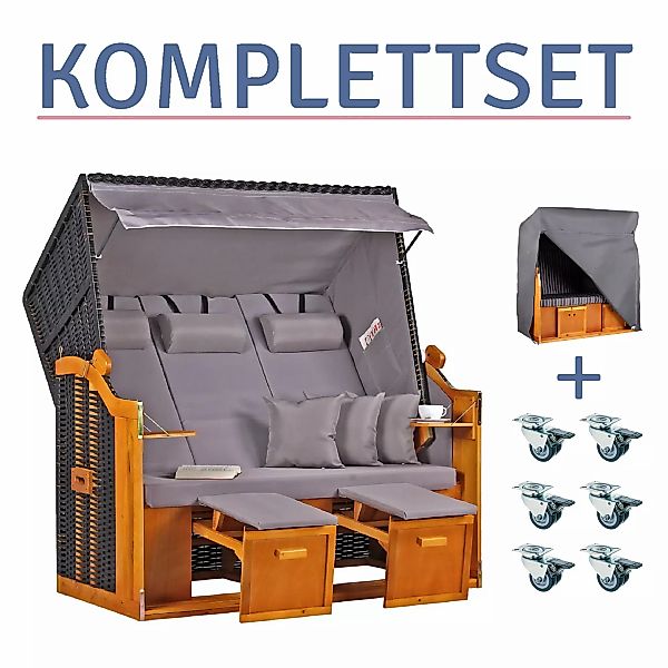Strandkorb Baltic Dreisitzer PE schwarz Dessin Uni Grau-KOMPLETTSET günstig online kaufen