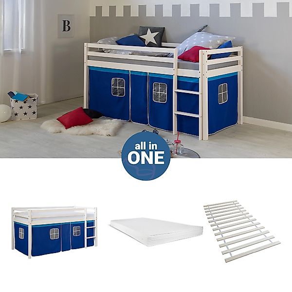 Homestyle4u Hochbett 90x200 mit Vorhang Lattenrost und Matratze in Weiß 256 günstig online kaufen