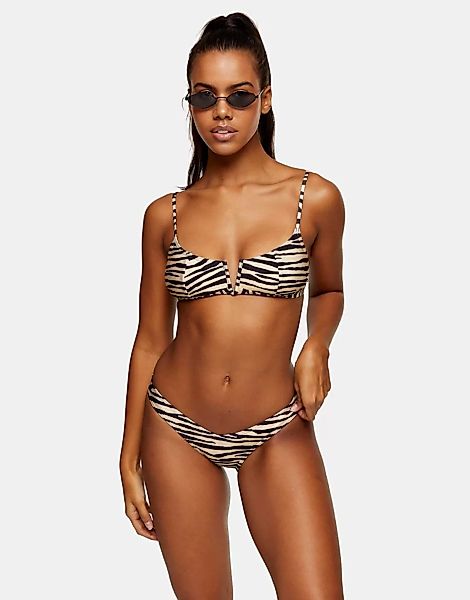 Topshop – Bikinihose mit v-förmigem Bund und beigem Zebramuster-Neutral günstig online kaufen