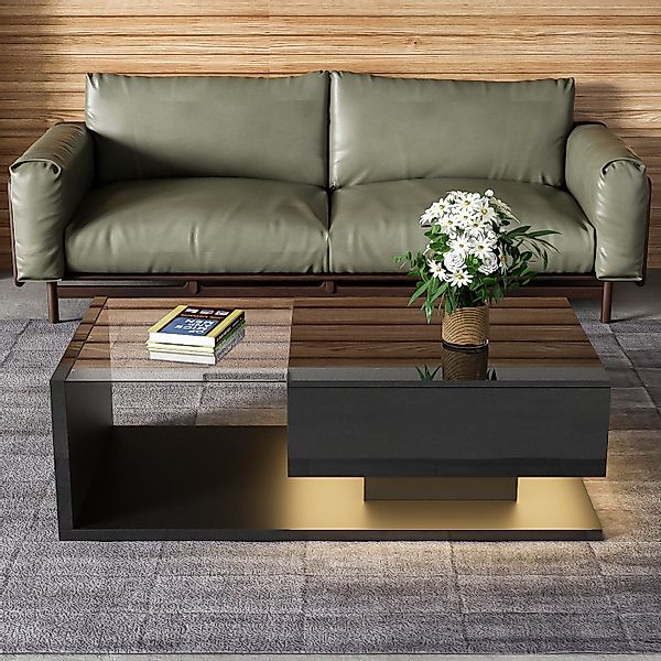 Couchtisch Hochglanz Schwarz mit Glasplatte und LED-Beleuchtung, Modernes D günstig online kaufen