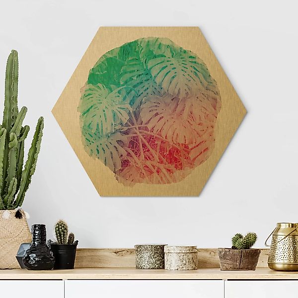 Hexagon-Alu-Dibond Bild Wasserfarben - Pink Monstera günstig online kaufen