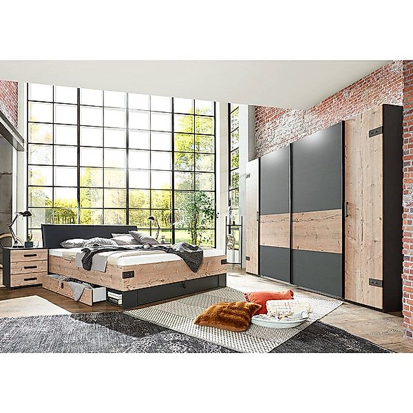 Schlafzimmer Set mit Kleiderschrank Schwebetüren graphit mit Fichte SUNDERL günstig online kaufen