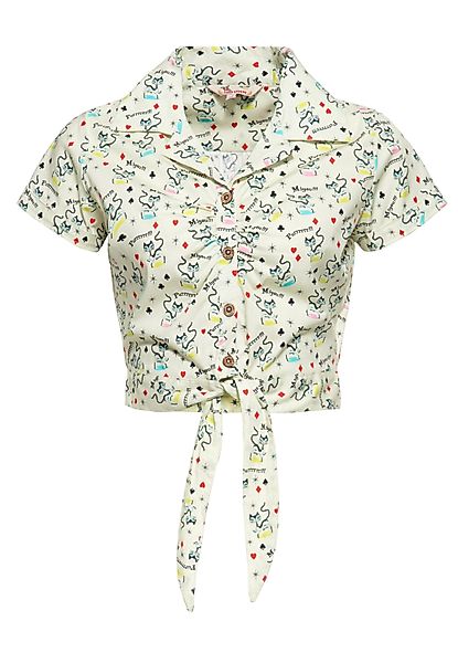QueenKerosin Kurzarmbluse Retro Cats mit Bindeband günstig online kaufen