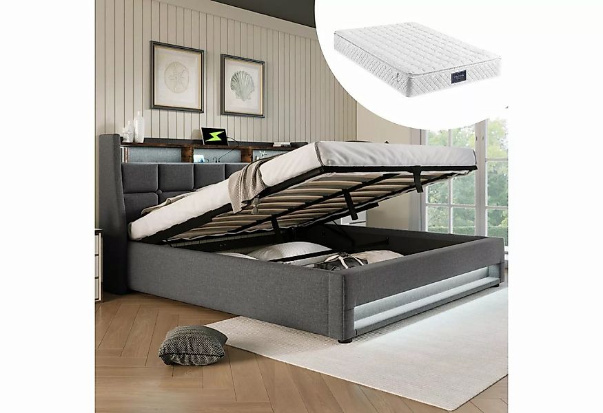 OKWISH Polsterbett Bett (LED Doppelbett Jugendbett mit USB/Typ-C Ladeanschl günstig online kaufen