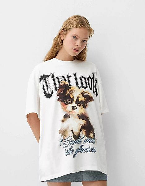 Bershka Oversize-T-Shirt Mit Print Damen M Weiss günstig online kaufen