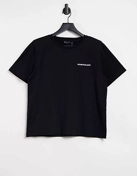 ASOS DESIGN – T-Shirt mit Schulterpolstern und Nonchalant-Motiv in Schwarz günstig online kaufen