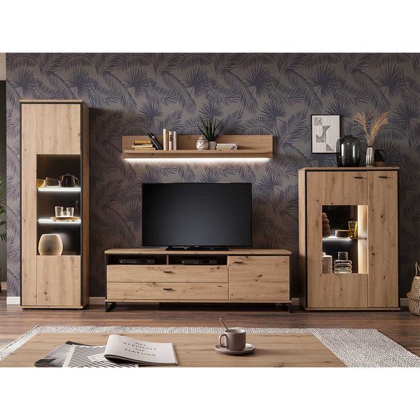 Wohnzimmerwand in Eichefarben und Anthrazit modern (vierteilig) günstig online kaufen