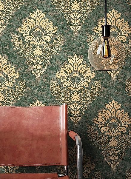Newroom Vliestapete, Grün Tapete Barock Ornament - Barocktapete Beige Gold günstig online kaufen