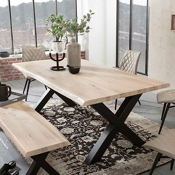 Baumkantentisch aus Wildeiche Massivholz Metall günstig online kaufen