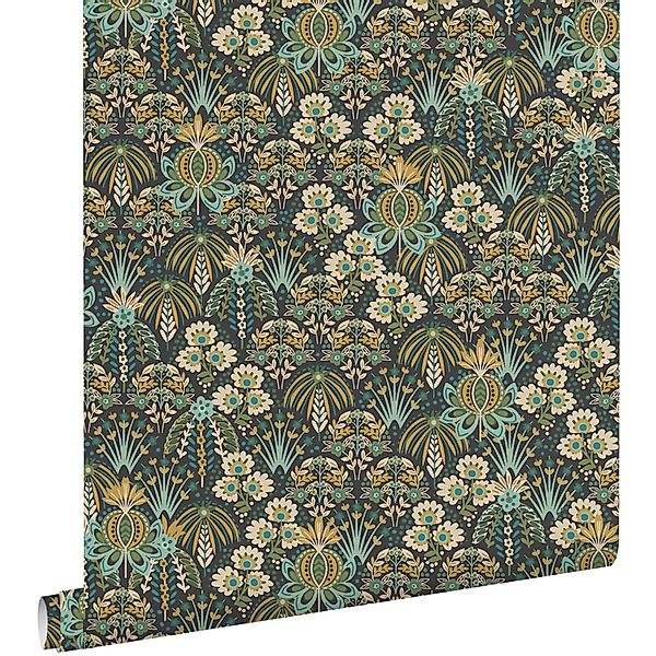 ESTAhome Tapete Blumenmuster im Jugendstil Graugrün Blau und Beige 50 x 900 günstig online kaufen
