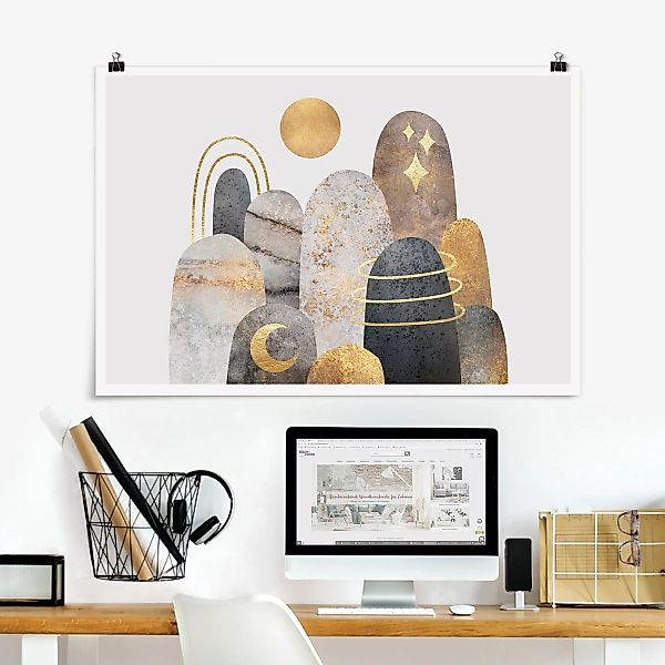 Poster Gold Berge mit Mond günstig online kaufen