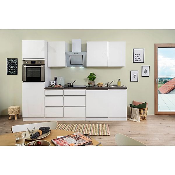 Respekta Küchenzeile GLRP280HWW 280 cm Weiß Hochglanz Granit-Optik Grifflos günstig online kaufen