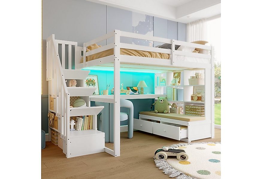 Merax Hochbett 140x200 mit LED (1-St., Hausbett Etagenbett Jugendbett) Holz günstig online kaufen