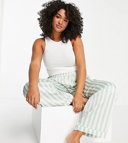 Loungeable Plus – Pyjamahose aus Satin in Salbeigrün mit cremefarbenen Nade günstig online kaufen