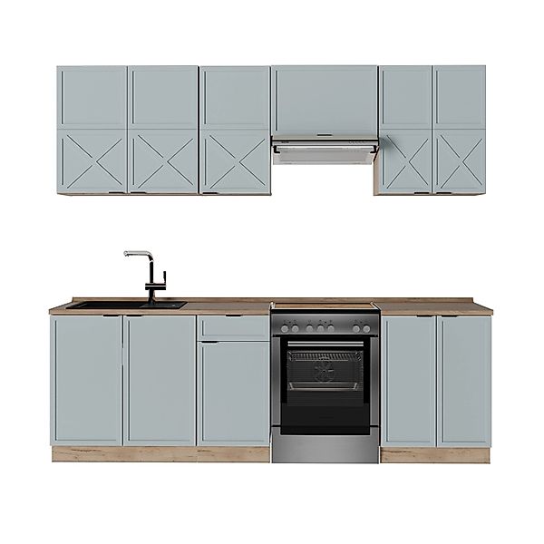Vicco Fame-Line Küchenschränke Hellblau-grau/Goldkraft Eiche 240 cm AP Eich günstig online kaufen
