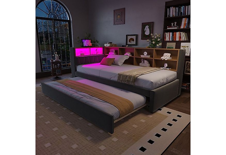 OKWISH Schlafsofa Polsterbett Stauraumbett, Ausziehbett mit LED-Leuchten, S günstig online kaufen