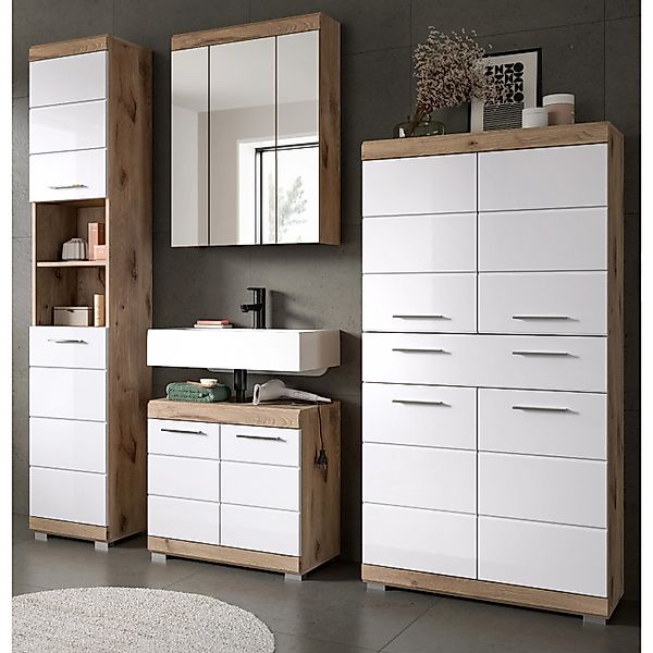Inn.Furn Badmöbel Set in Weiß Hochglanz und Eiche 4-teilig 200 cm Willow günstig online kaufen