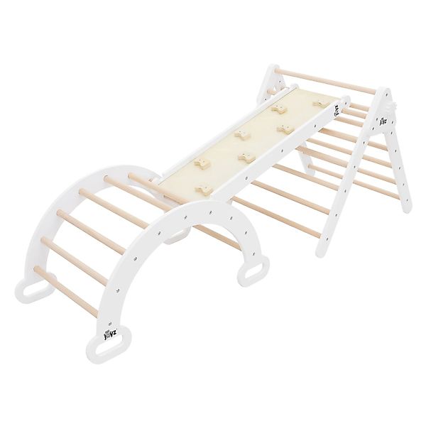 Joyz 3in1 Kletterdreieck mit Rutsche Kletterbogen Natur-Weiß aus Holz günstig online kaufen