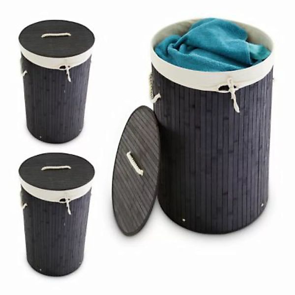 relaxdays 3 x Wäschekorb Bambus rund schwarz günstig online kaufen