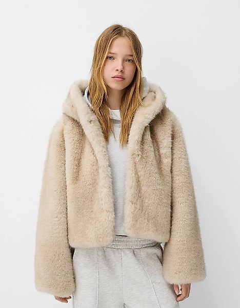 Bershka Jacke Aus Kunstfell Mit Kapuze Damen M Beige günstig online kaufen