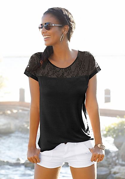 LASCANA Strandshirt, mit Spitzeneinsatz, T-Shirt, Kurzarmshirt, feminin-mod günstig online kaufen