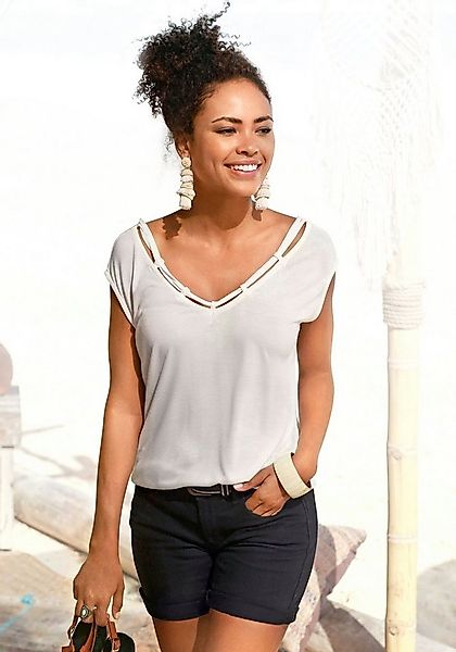 s.Oliver T-Shirt mit Zierbändern am Ausschnitt, Kurzarmshirt, sommerlich günstig online kaufen