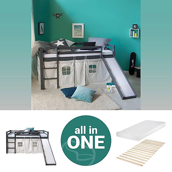 Homestyle4u Kinderhochbett 90x200 Grau mit Lattenrost Rutsche Matratze 2785 günstig online kaufen