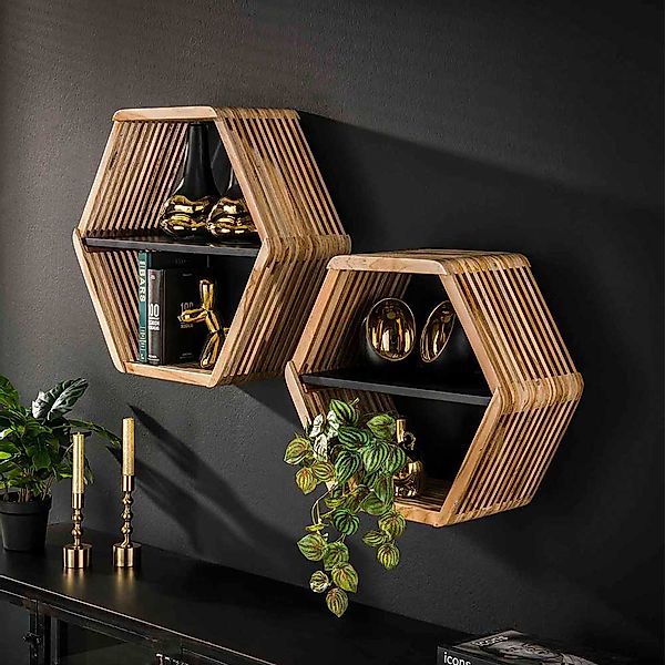 Sechseckige Hängeregale aus Teak Massivholz 64 cm breit (zweiteilig) günstig online kaufen