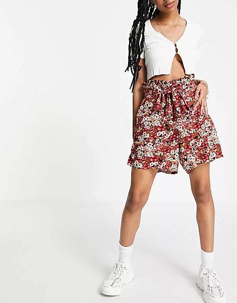 Vero Moda – Schwarz bedruckte Shorts mit Taillenschnürung günstig online kaufen