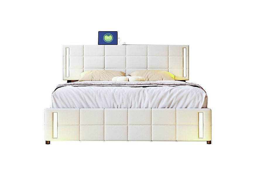 Flieks Polsterbett, LED-Beleuchtung Doppelbett mit 4 Schubladen + 2 USB-Ste günstig online kaufen