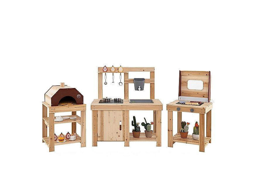 COSTWAY Outdoor-Spielküche Tannenholz, mit BBQ-Grill und Pizzaofen, Kinderk günstig online kaufen