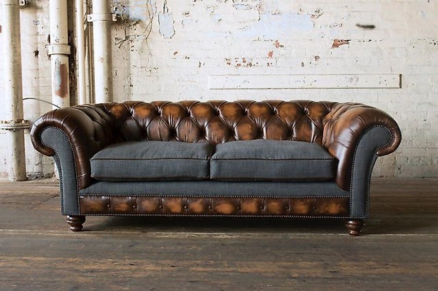 Xlmoebel Sofa Braune Ledercouch Chesterfield mit klassischem Textil-Sitzpol günstig online kaufen