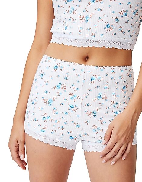 Cotton:On – Gerippte Pyjama-Shorts in Weiß geblümt mit Spitzensaum günstig online kaufen