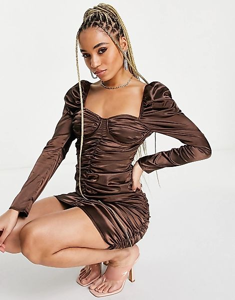 Unique21 – Bodycon-Kleid aus Satin mit Struktur und Raffungen in Braun günstig online kaufen