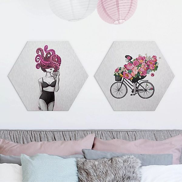 2-teiliges Hexagon-Alu-Dibond Bild Frauen Zeichnungen - Floraler Ozean günstig online kaufen