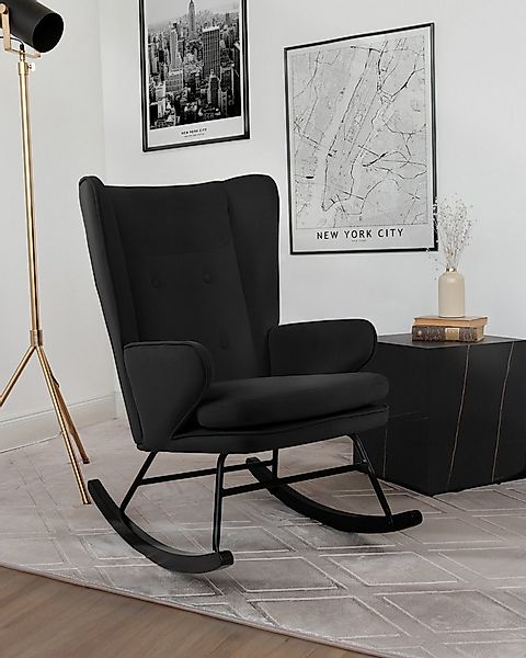 Qiyano Schaukelstuhl Thadia Schwarz Samtstoff mit Metallgestell und Holzkuf günstig online kaufen