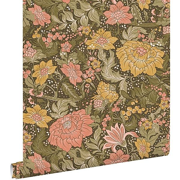 ESTAhome Tapete Blumenmuster Olivgrün Rosa und Ockergelb 50 x 900 cm günstig online kaufen